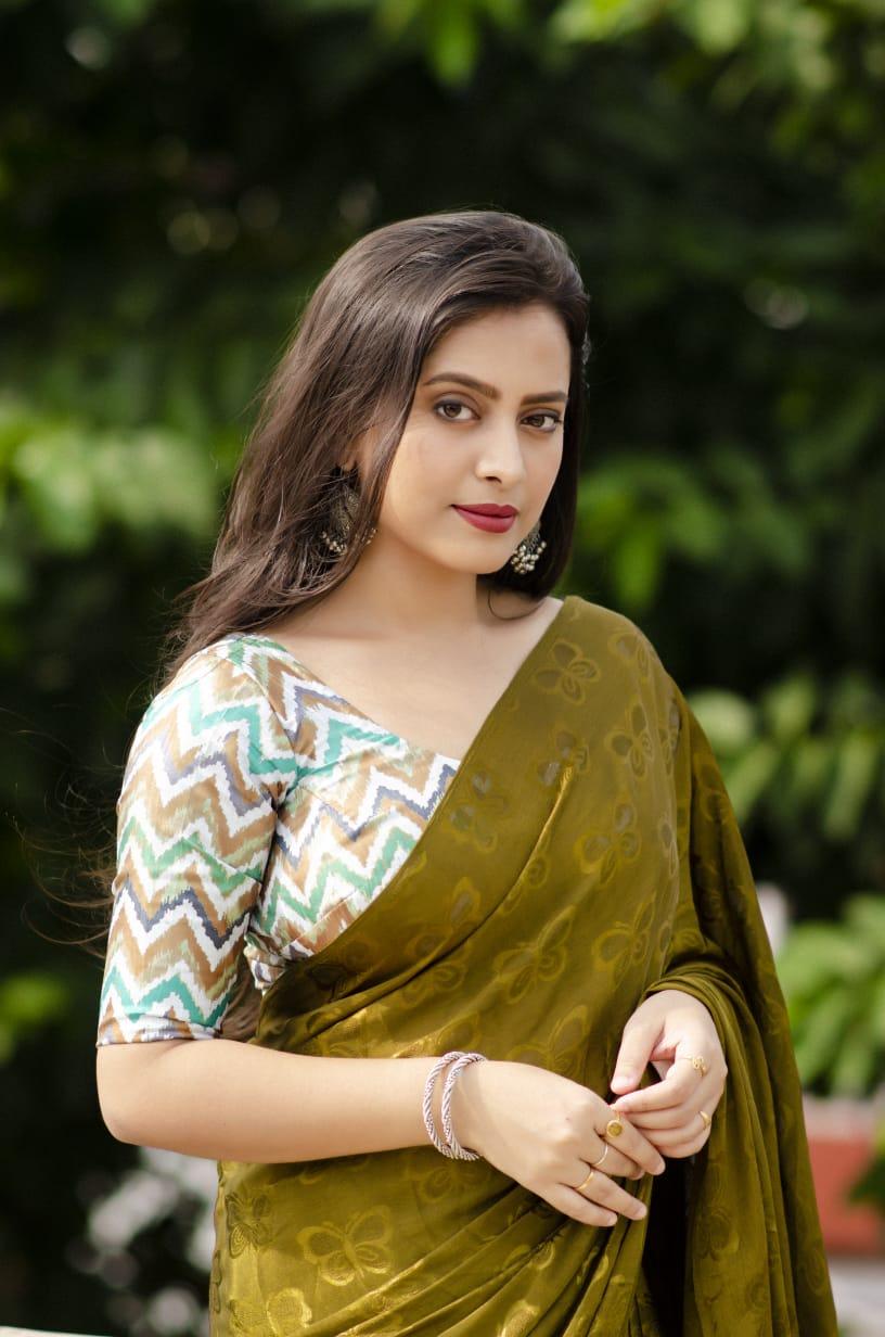 Mehndi Silk Blend Ethnic Motifs Saree with Unstitched Blouse - Hiral Fashion | Grocsy