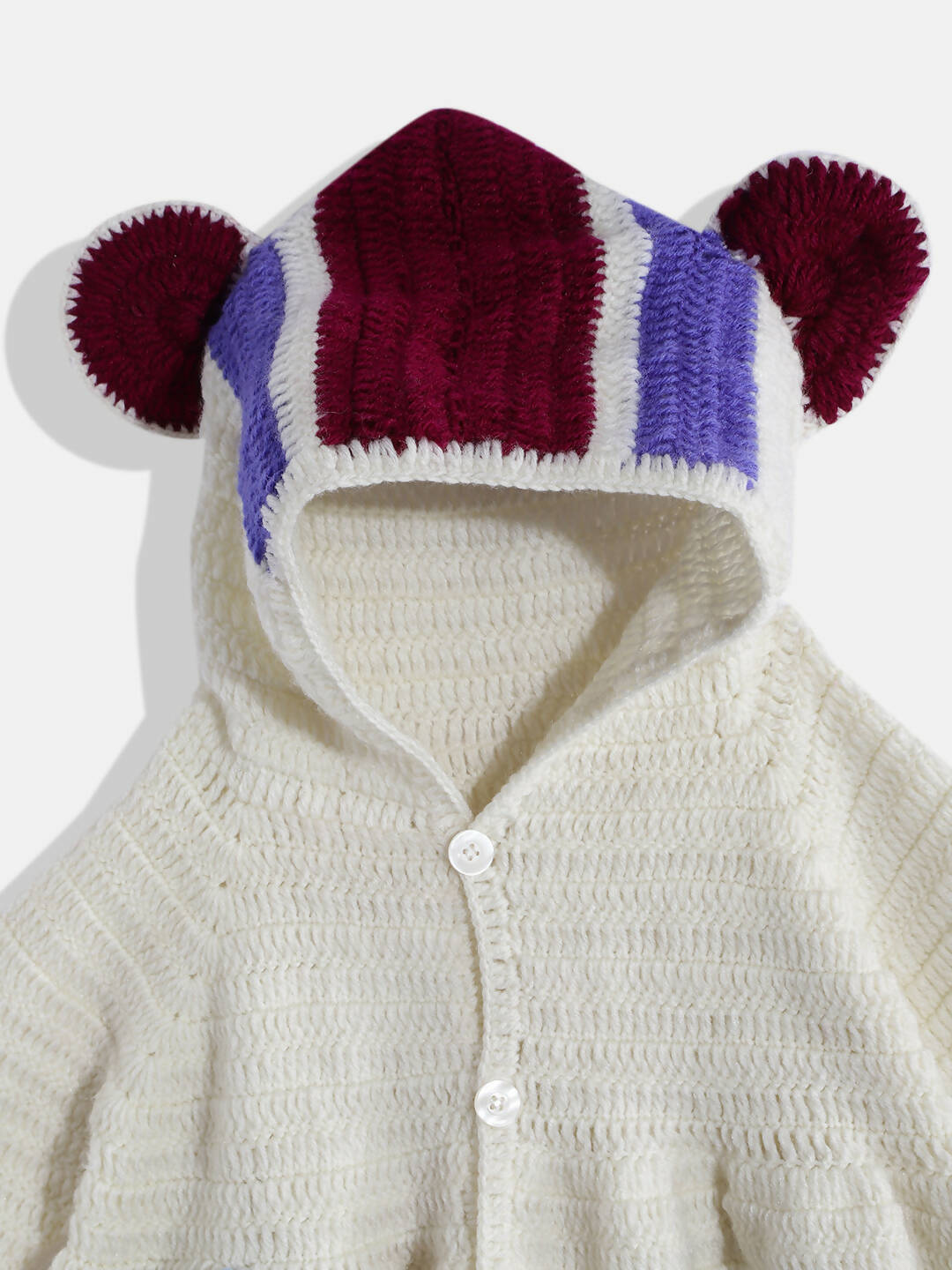 Chutput Kids Woollen Hand Knitted Full Sleeves Self Desgin Hoodie Dress For Baby Girls - Cream | Grocsy