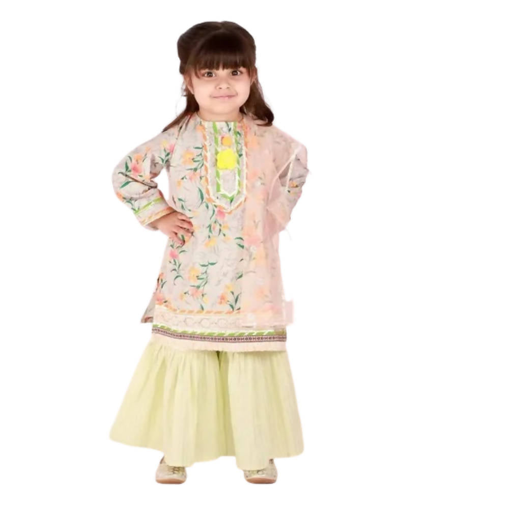 Little Bansi Girls Green Color Floral and lace Work Kurta with Sharara and Dupatta | Grocsy