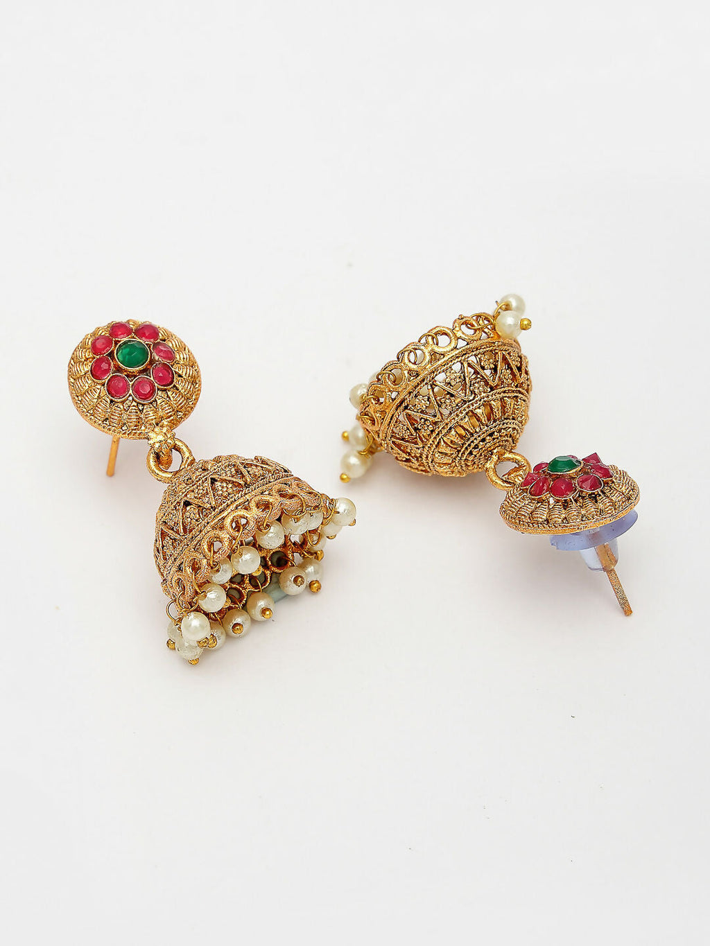 NVR Women's Set Of 2 Green & Red Stone Studded & Beaded Gold-Polished Temple Jewellery Set | Grocsy