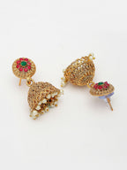 NVR Women's Set Of 2 Green & Red Stone Studded & Beaded Gold-Polished Temple Jewellery Set | Grocsy