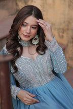 Joban Fashion Sky Blue Georgette Sequence Embroidery Work Kurta Set | Grocsy