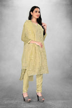 Beige Heavy Organza Silk Embroidered Unstitched Dress Material - Amara | Grocsy