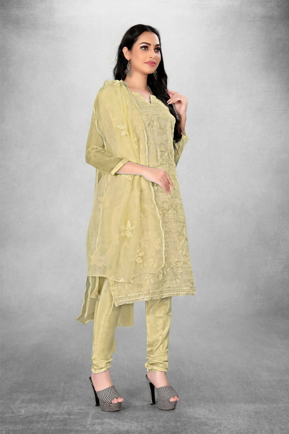 Beige Heavy Organza Silk Embroidered Unstitched Dress Material - Amara | Grocsy