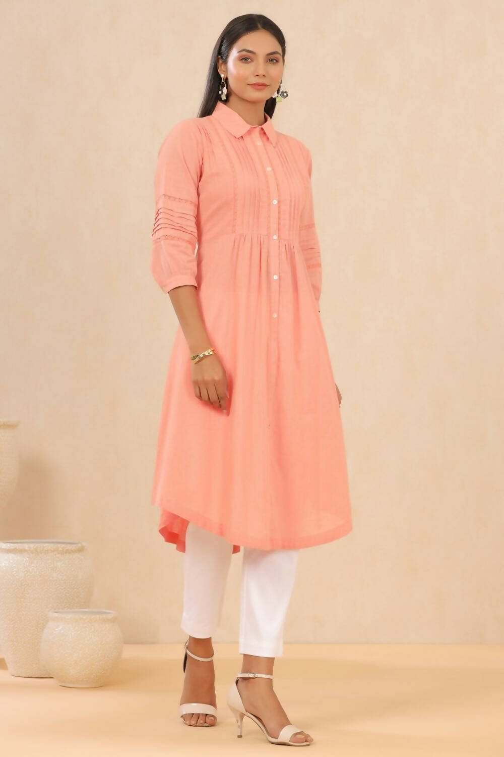 Juniper Womens Blush Pink Cotton Slub Solid Mid Length Shirt Dress With Lace Detailing | Grocsy