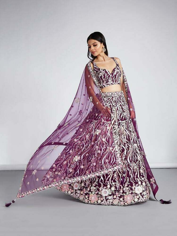 House of Panchhi Burgundy Net Sequins And Thread Embroidery Lehenga Choli & Dupatta | Grocsy