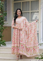 Jaimini Women Cotton Printed Round Neck Calf Length Flared Kurta Pant And Dupatta Set | Grocsy
