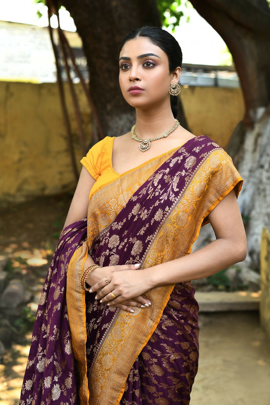 Joban Fashion Purple Crepe Chiffon Pure Handloom Banarasi Silk Saree | Grocsy
