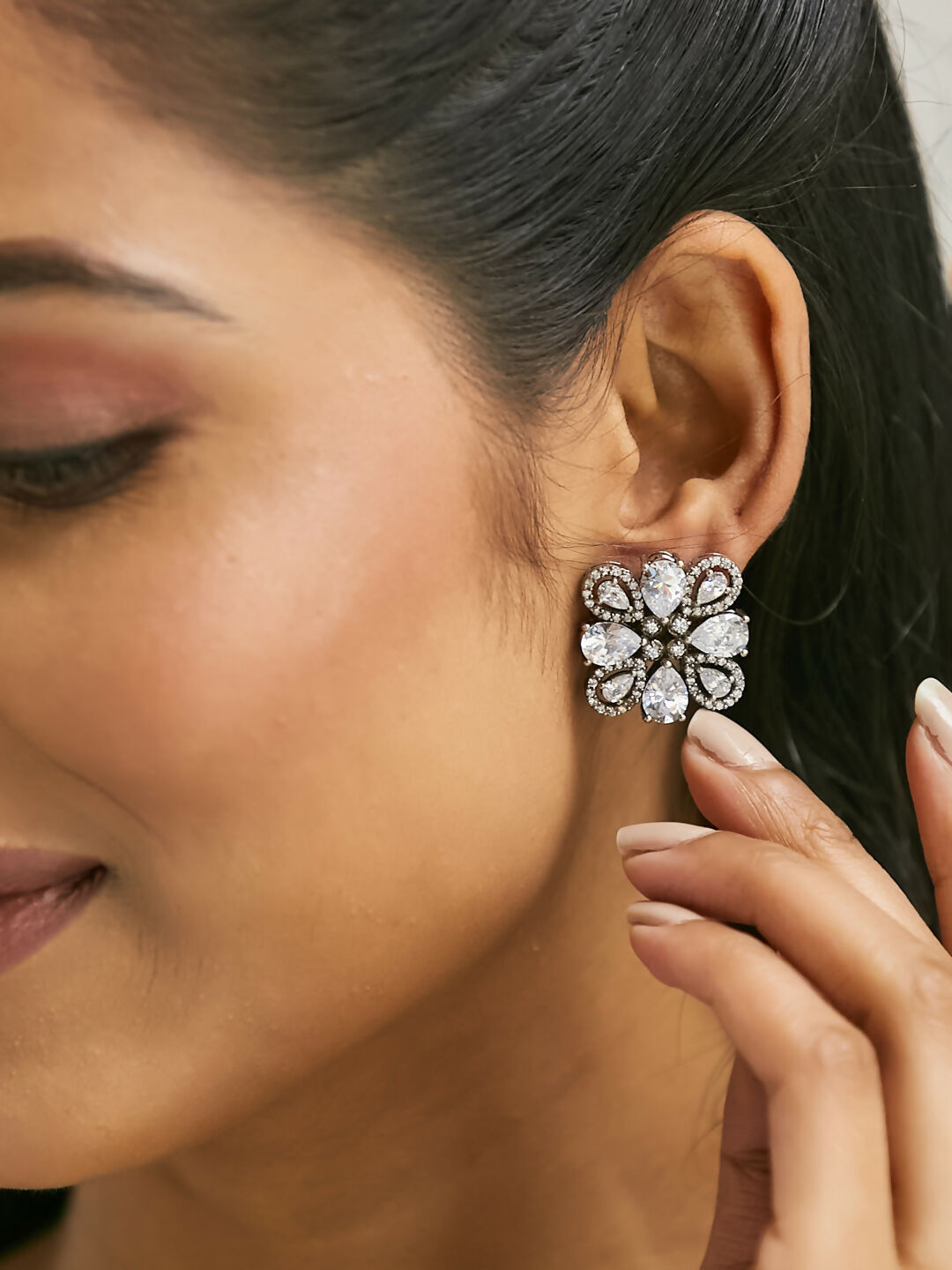 Nuyug 22K Gold-Plated Crystal & Zircon Stone Studded Floral Studs | Grocsy