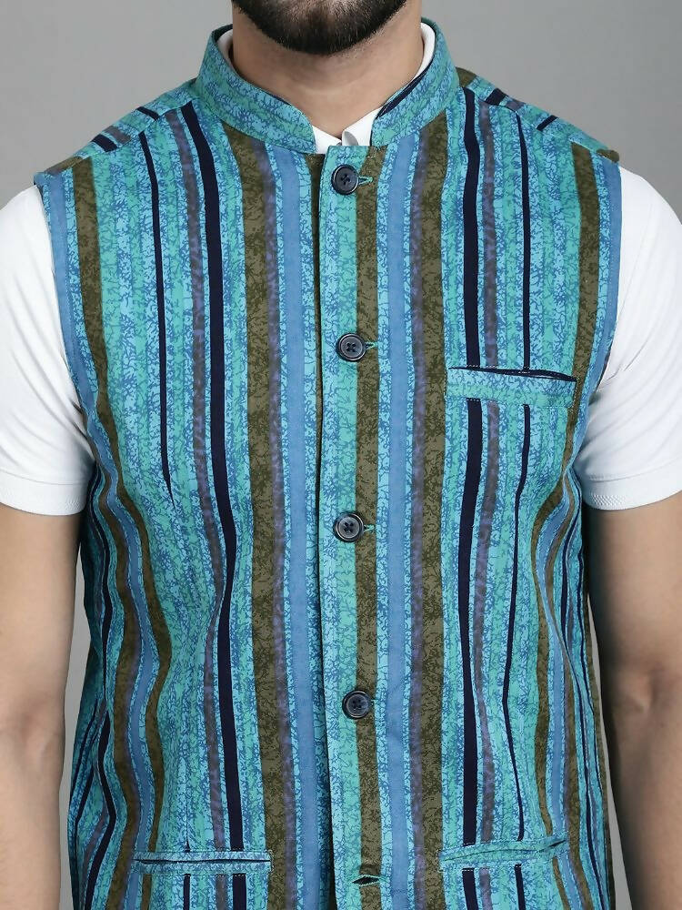 Even Apparels Nehru Jacket With Welt Pockets - Blue | Grocsy