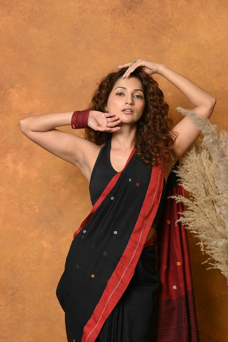 Very Much Indian Pure Cotton Handloom Saree with Buttis & Sleek Border - Black | Grocsy