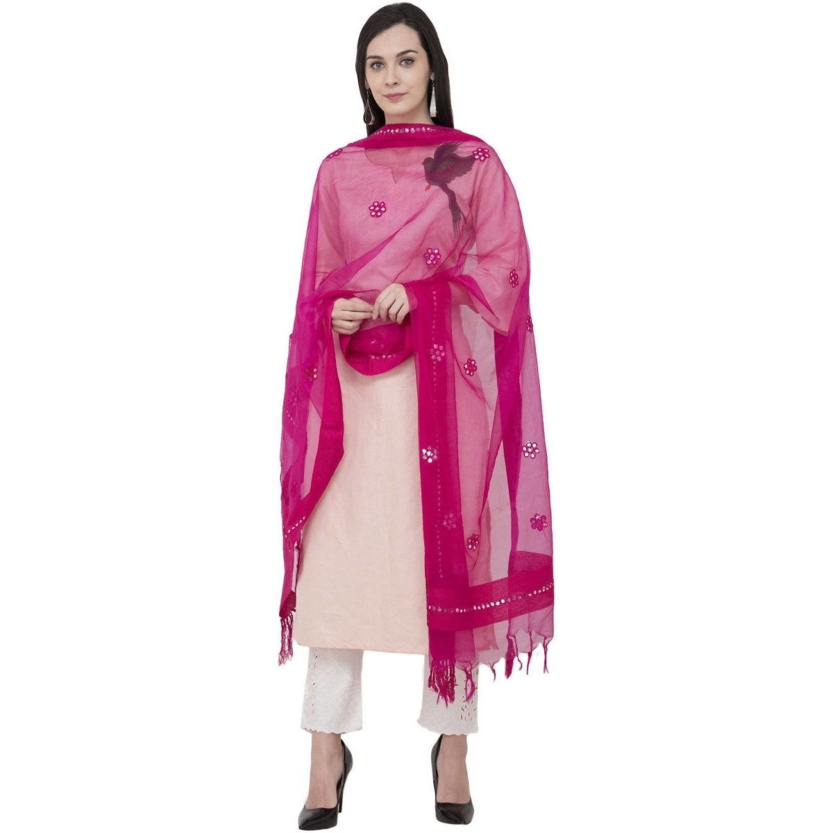 A R Silk Orgenza Flower Mirror Fancy Dupatta Color Rani Dupatta or Chunni | Grocsy