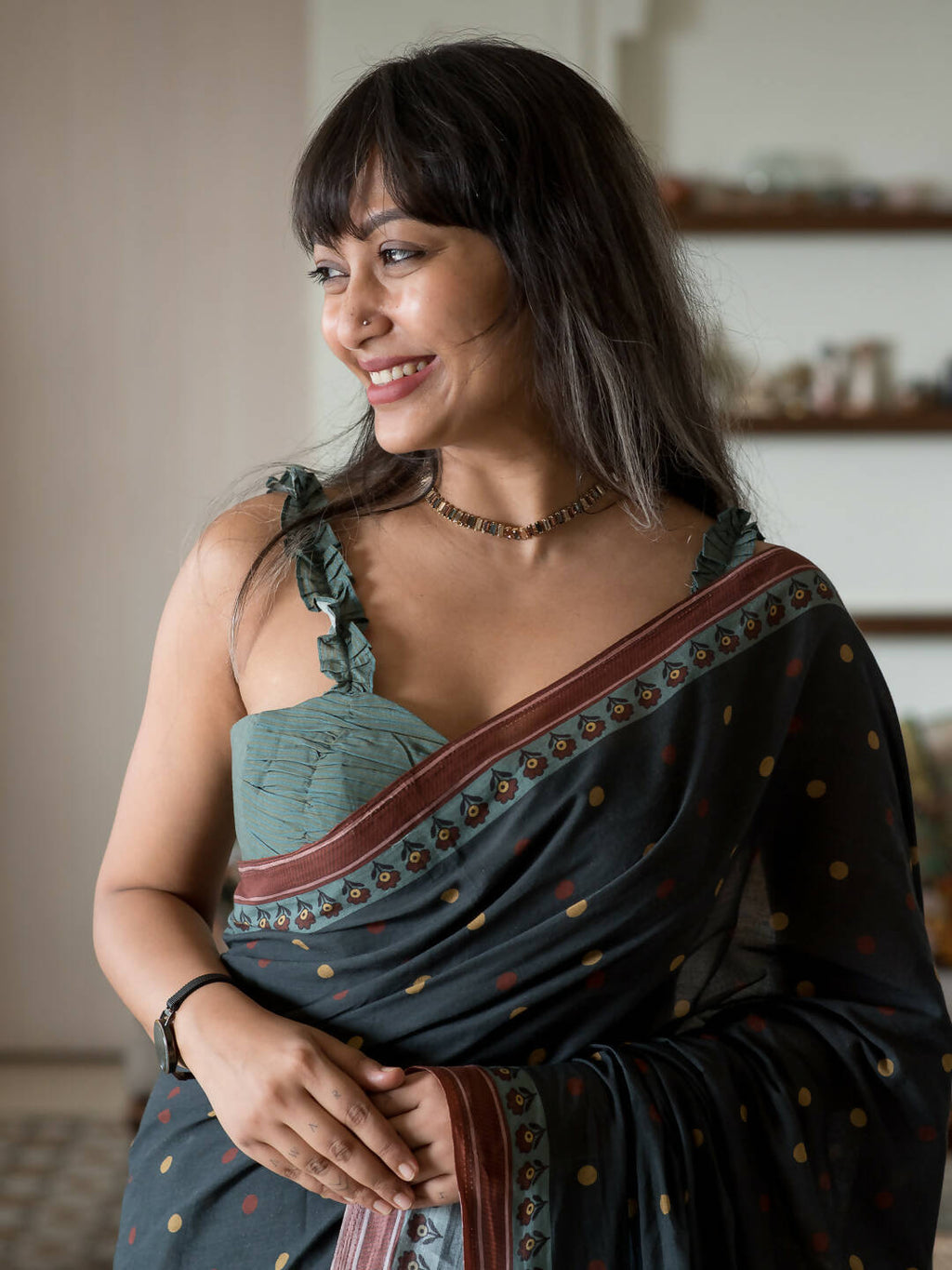 Suta Black Polka Dots Pure Cotton Saree | Grocsy