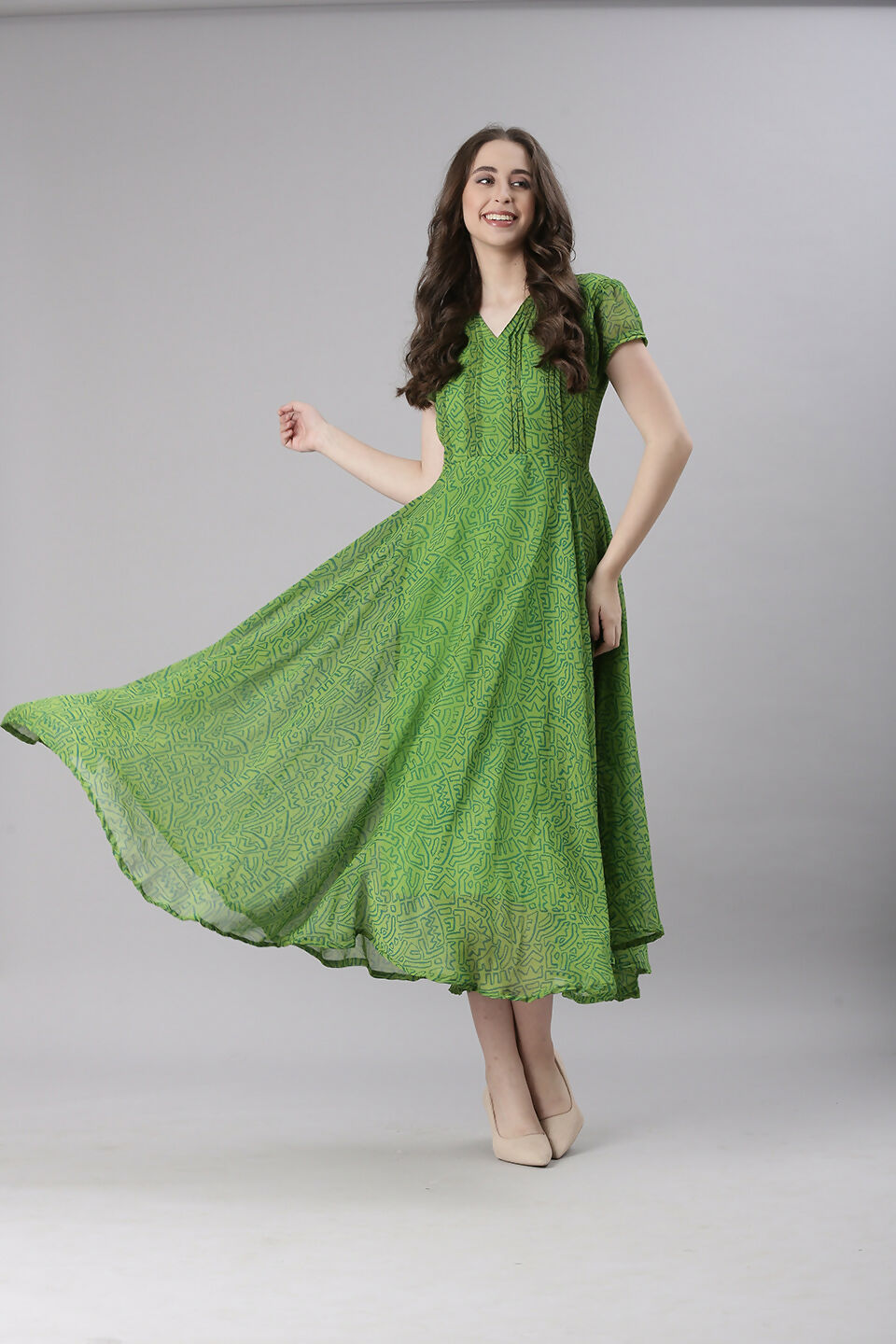 Souchii Green Printed Midi Dress – Flowy Fit & Flare | Grocsy