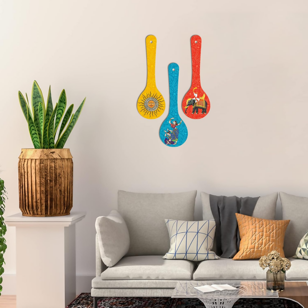 Artvibes Dancing Women Elephant & Sun Traditional Indian Folk Art Decorative MDF Wooden Wall Art | Grocsy