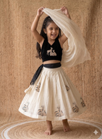 Teeya Creation New Latest Kids Off-White Silk Lehenga With Black Velvet Choli & Deer Embroidery Motif-Black | Grocsy