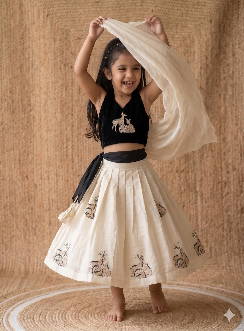 Teeya Creation New Latest Kids Off-White Silk Lehenga With Black Velvet Choli & Deer Embroidery Motif-Black | Grocsy