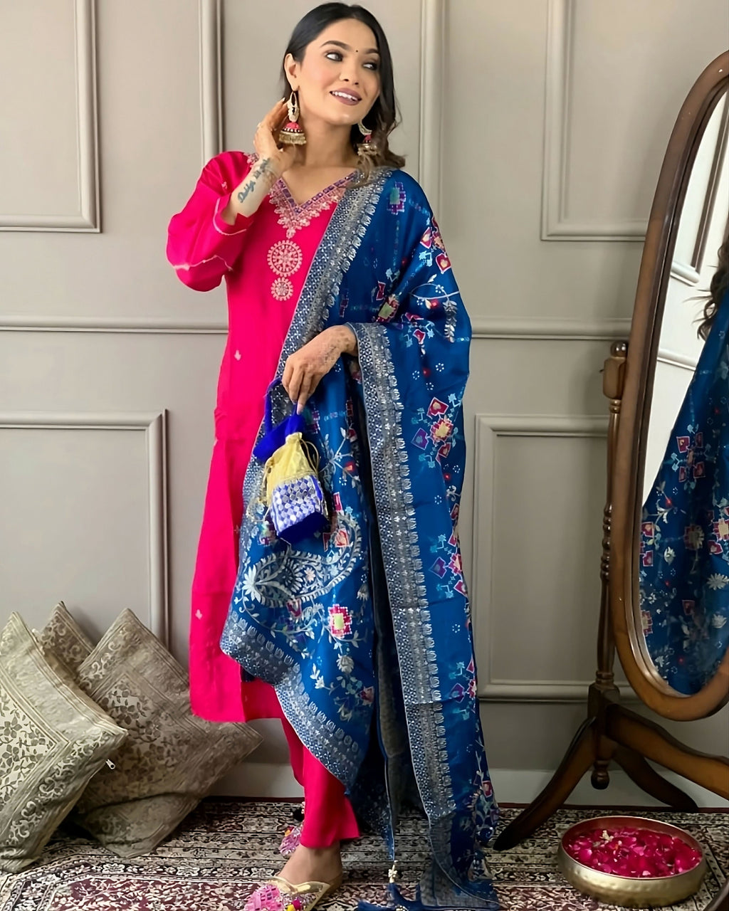 Partywear Designer Viscose Chanderi Red Stitched Suit With Dupatta - Anbazaar | Grocsy