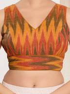 Joban Fashion Mustard Ikat Silk Padded Blouse With V Neck Sleeveless | Grocsy