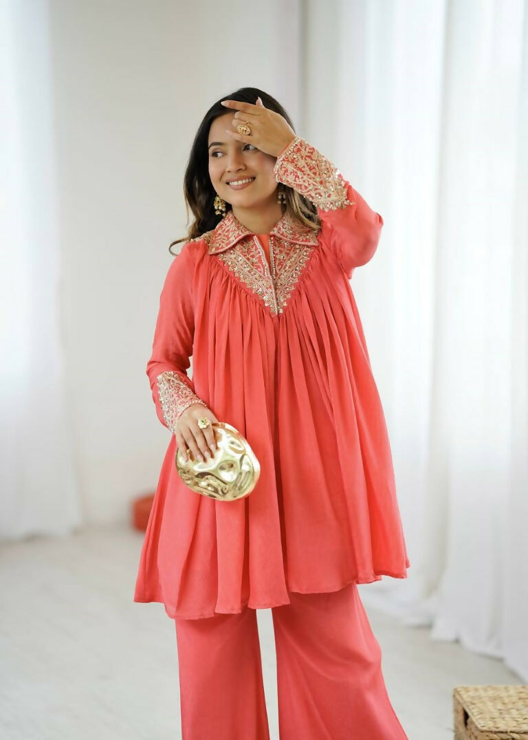Teeya Creation Fenta Heavy Chinnon Silk Embroidery Work Plazo pair | Grocsy