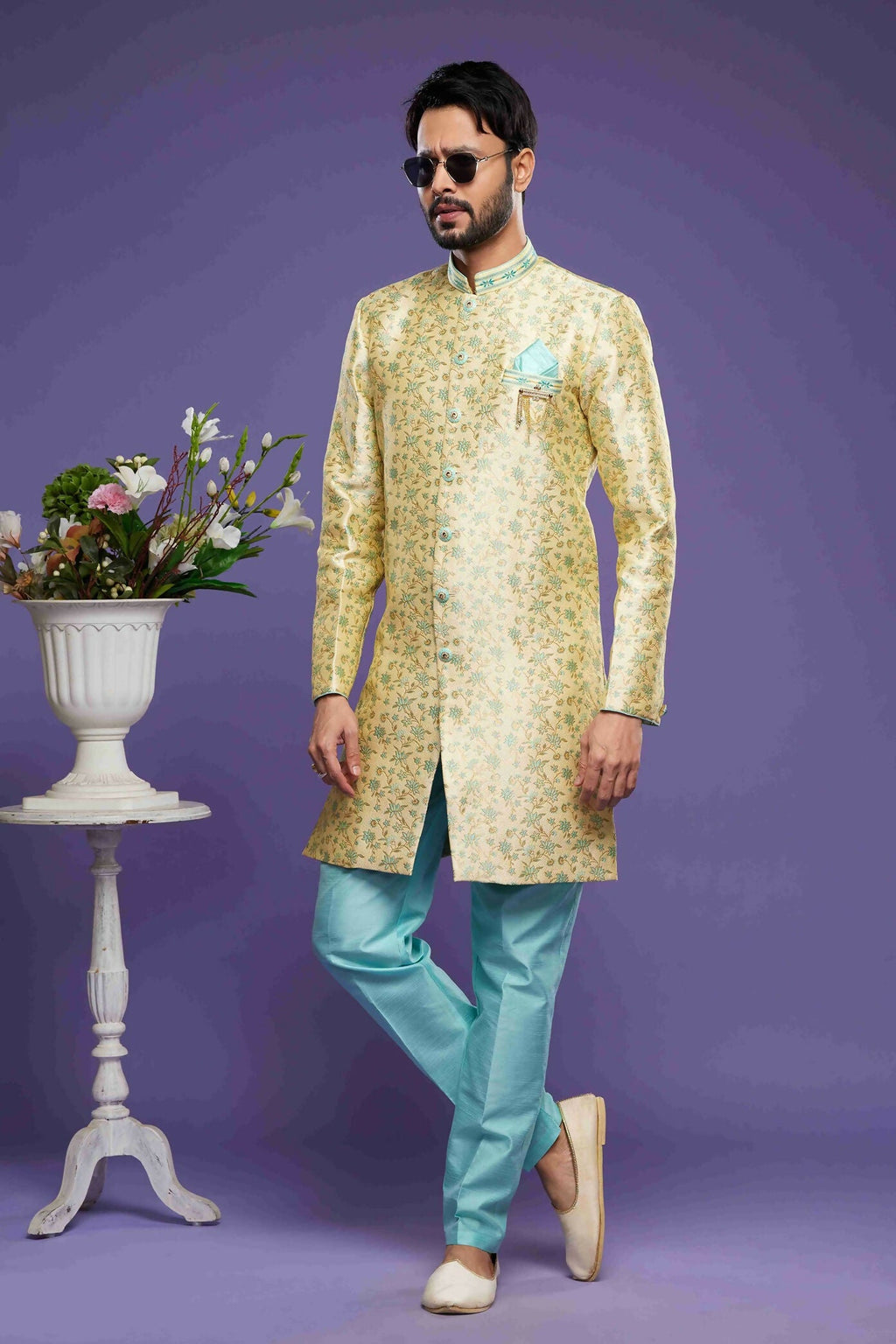 Raivat Ethnic Banarasi Jacquard Embroidery Semi Indo Western Sherwani In Gold Colour | Grocsy