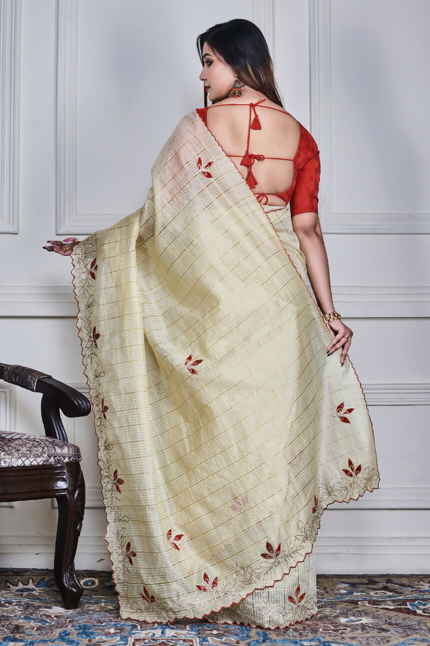 Morchari Beige Kota Check Zari Embroidery Saree Unstitched Blouse | Grocsy