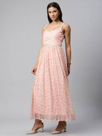 Ahalyaa Women Pink Net Gold Foil Print Dress | Grocsy