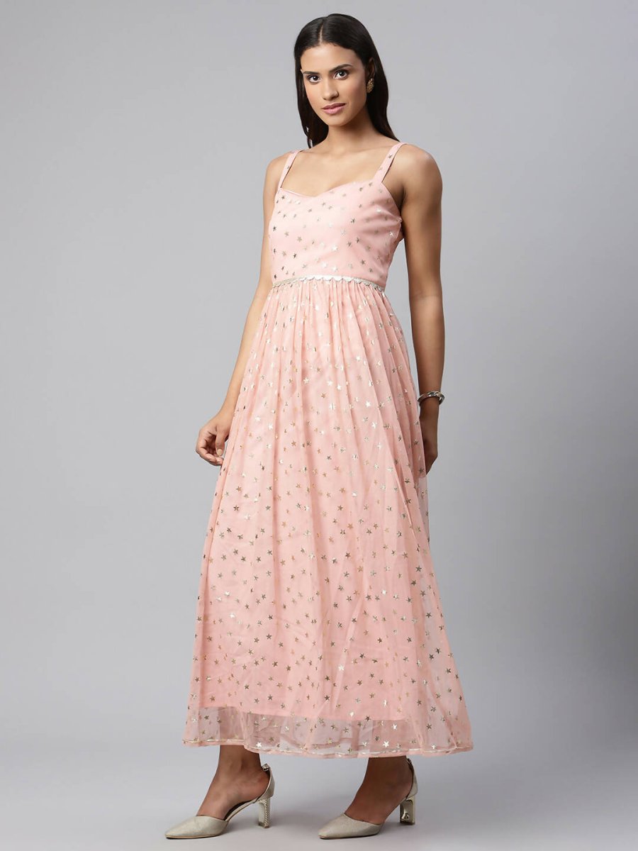 Ahalyaa Women Pink Net Gold Foil Print Dress | Grocsy