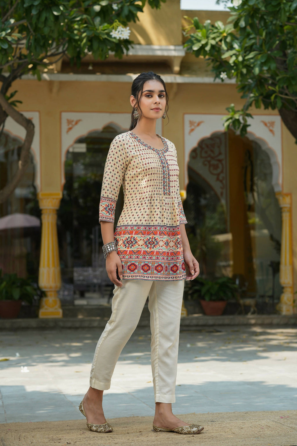 Juniper Women's Beige Rayon Printed Embroidered Tunic | Grocsy