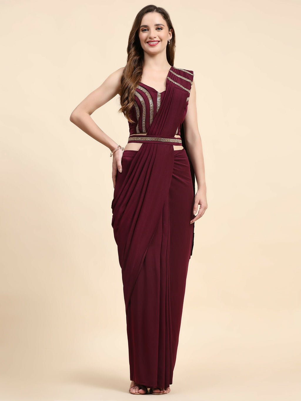 Maroon Polyester Solid Ready to Wear Saree with stitched Blouse - Nita | Grocsy