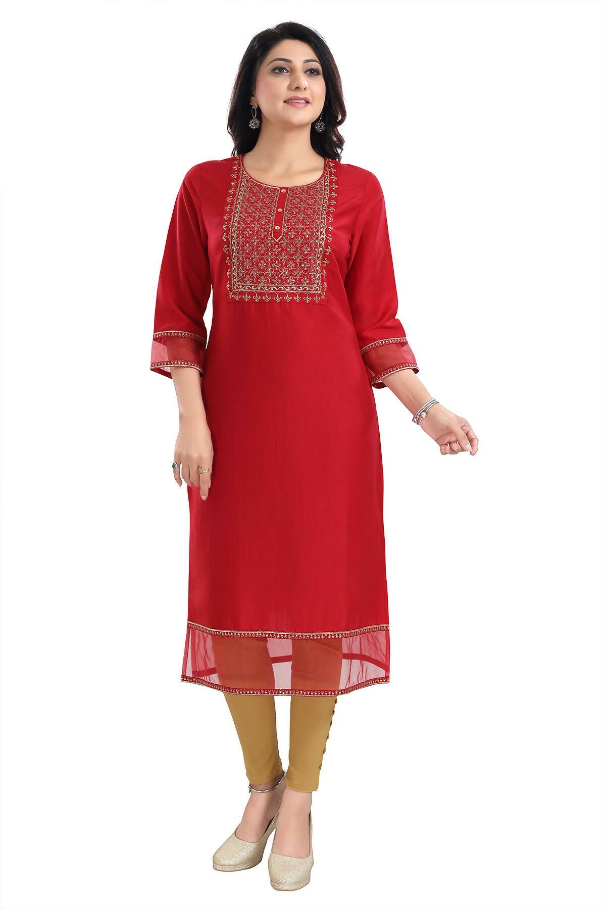 Snehal Creations Mighty Red Art Silk Designer Long Kurti Tunic With Zari Embroidery | Grocsy