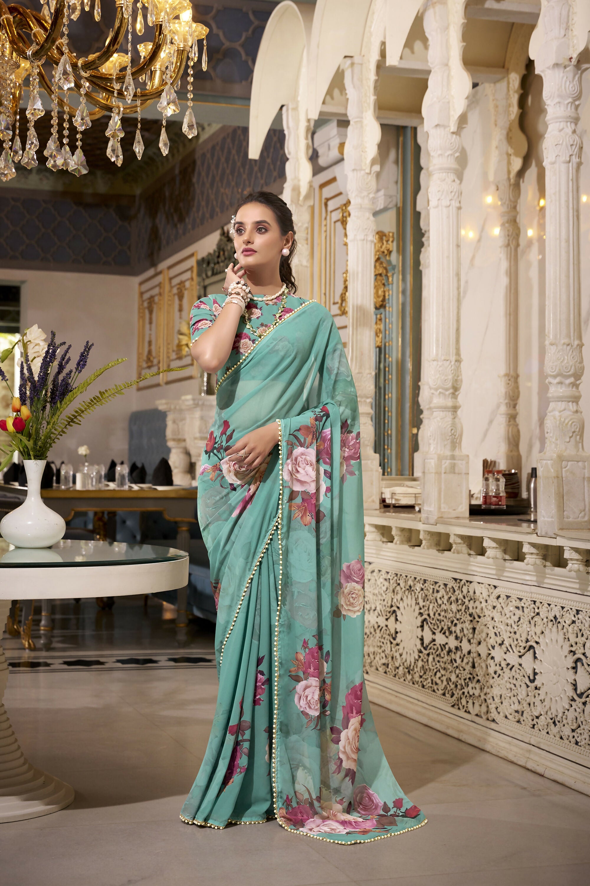 Vastranavya Green Spectacular Georgette Printed with Pearl Lace Saree with Unstitched Blouse | Grocsy