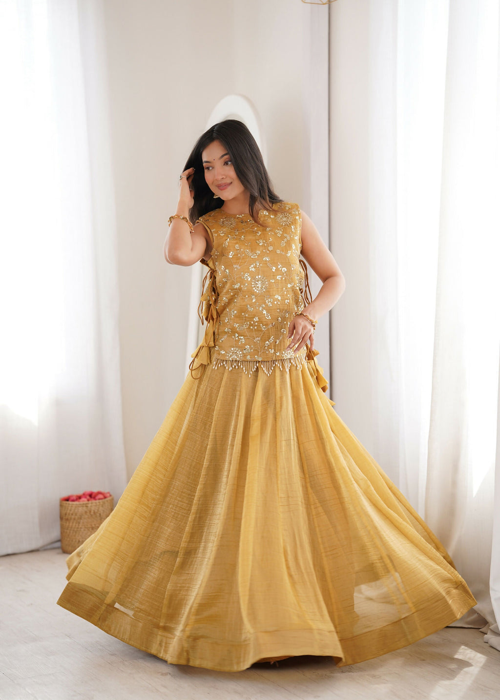 Lorenvalley Fashion Yellow Salsa Crush Plain Lehenga Choli with Koti | Grocsy