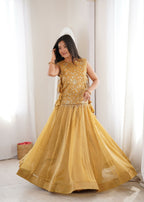Lorenvalley Fashion Yellow Salsa Crush Plain Lehenga Choli with Koti | Grocsy