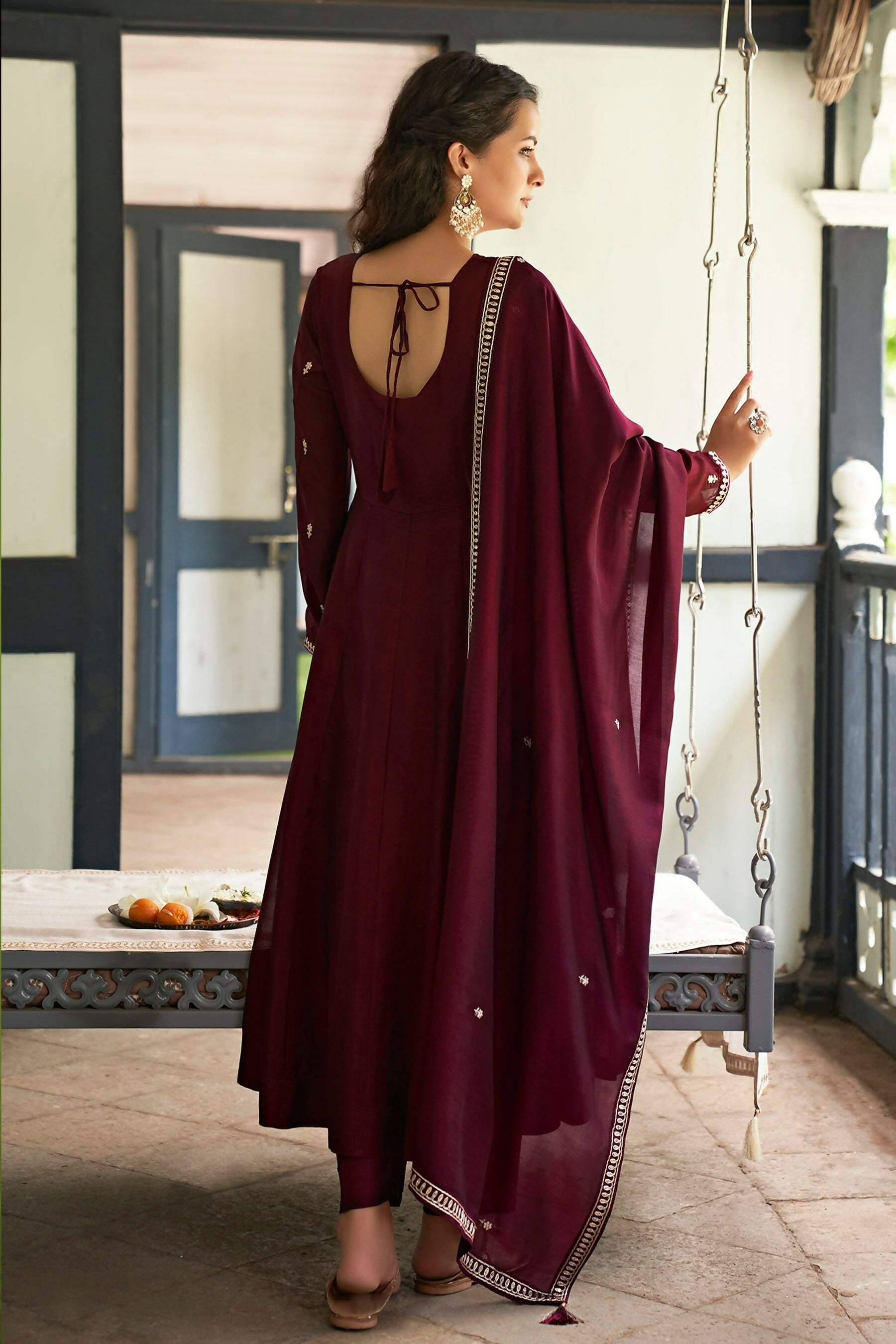 The52 Women's Beautiful Vichitra Silk Fabric Embroidery Work Flared Anarkali Pant and Dupatta Set | Grocsy
