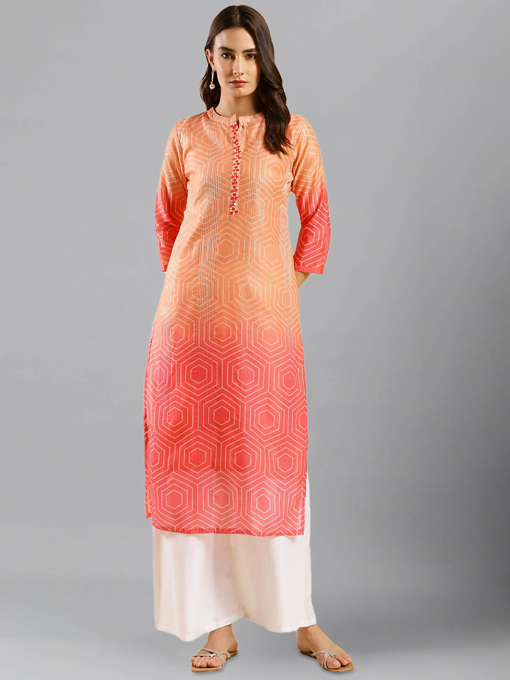 Peach Chinon Digital Printed With Hand Work Kurta - Himanshi | Grocsy