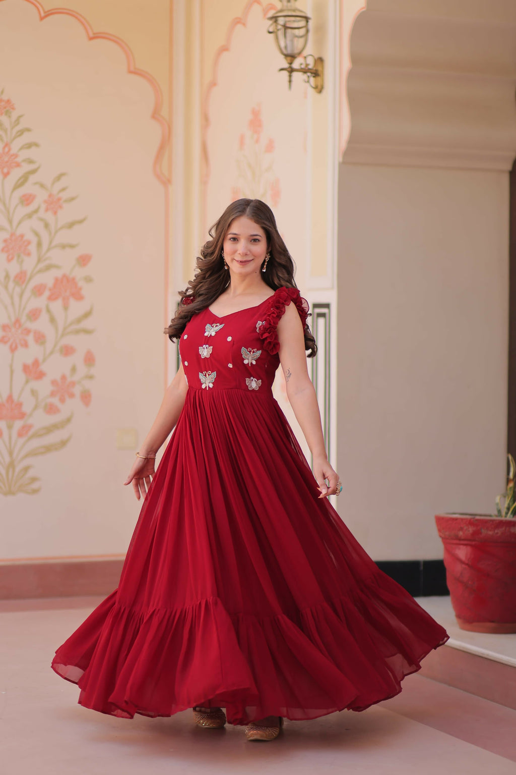 Vastranavya Maroon Faux Blooming With Sequins Multithreaded Beads Embroidered work Gown | Grocsy