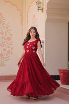 Vastranavya Maroon Faux Blooming With Sequins Multithreaded Beads Embroidered work Gown | Grocsy