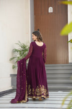 Joban Fashion Wine Georgette Sequence Embroidery Work Kurta Set | Grocsy