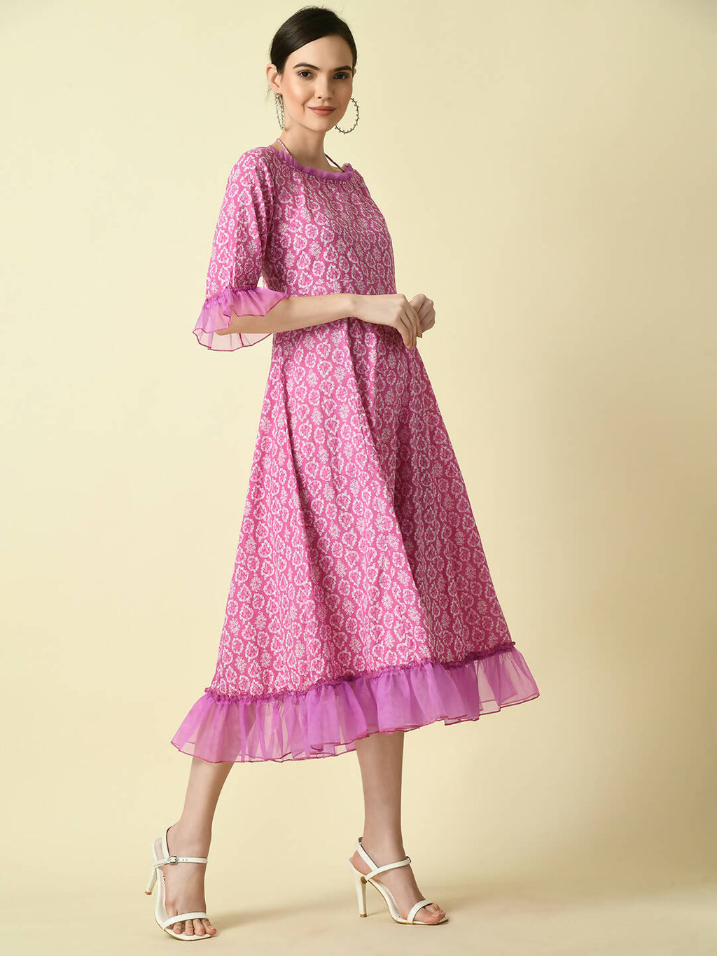 Myshka Women's Pink Empire Printed Dress | Grocsy