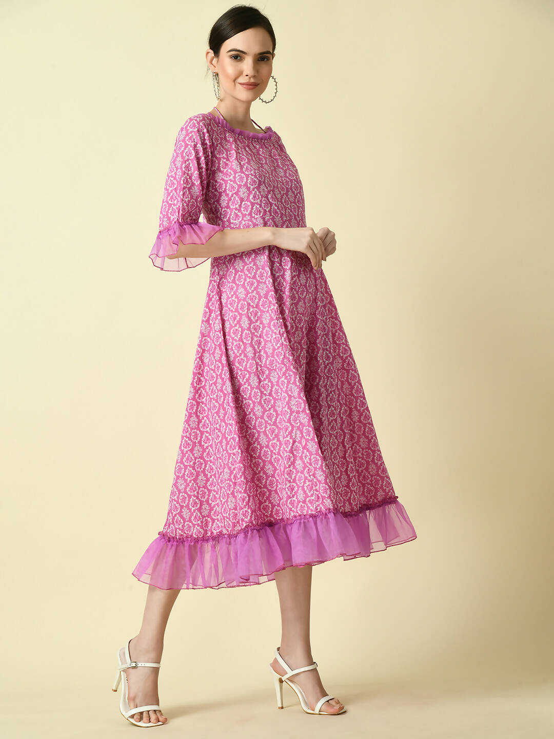 Myshka Women's Pink Empire Printed Dress | Grocsy