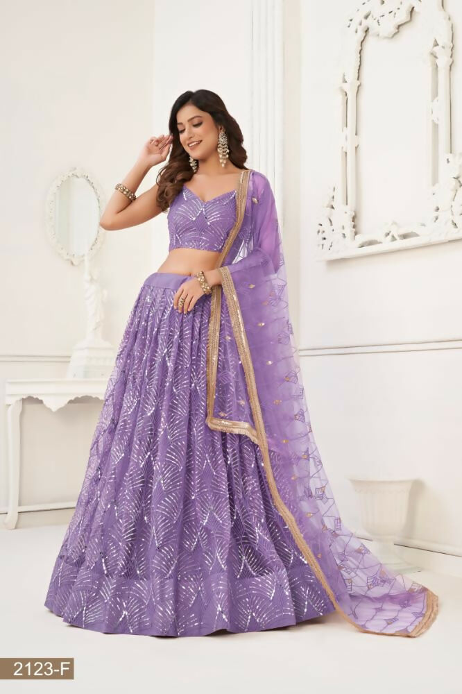 Aastha Fashion Lavender Butterfly Net Tone To Tone Thread Work, Sequence Work And Original Mirror Work Embroidery Wedding Wear Lehenga Choli | Grocsy
