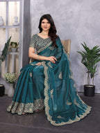 Vastranavya Teal Embroidery Work Shimmer Chiffon Saree with Unstitched Blouse | Grocsy