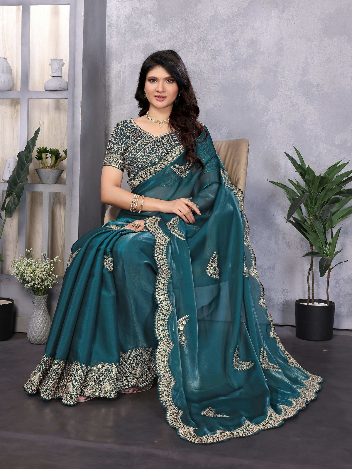 Vastranavya Teal Embroidery Work Shimmer Chiffon Saree with Unstitched Blouse | Grocsy