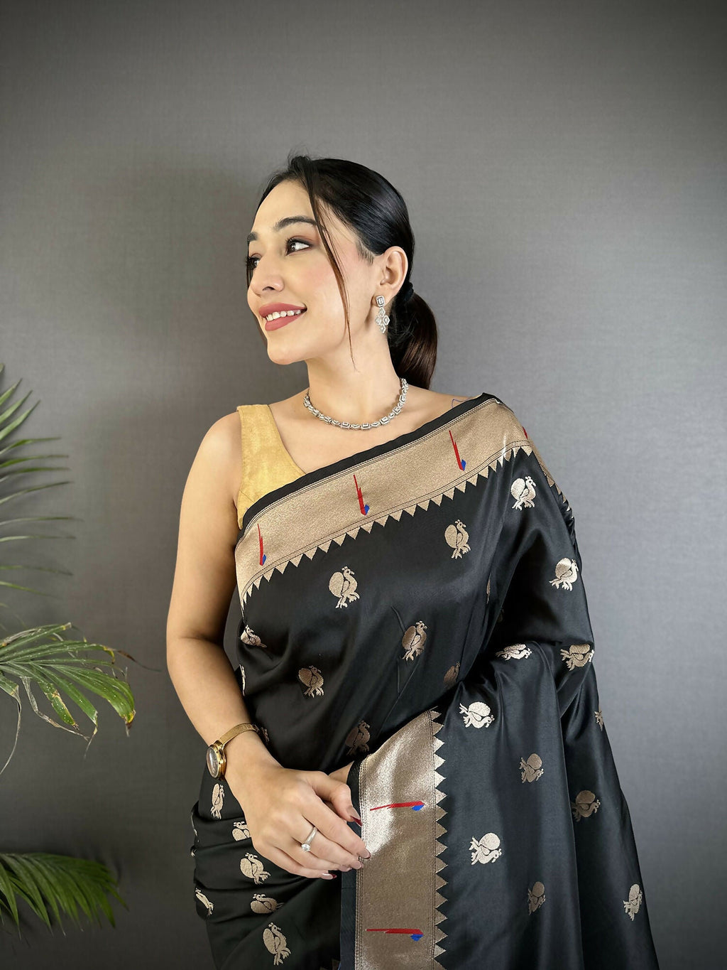 Joban Fashion Black Peacock & Floral Motifs Soft Silk Kanchipuram Saree | Grocsy