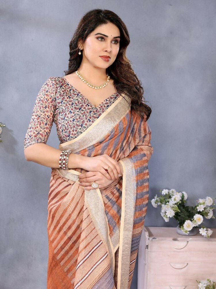 PR Fashion Brown Handloom Linen Cotton Saree | Grocsy