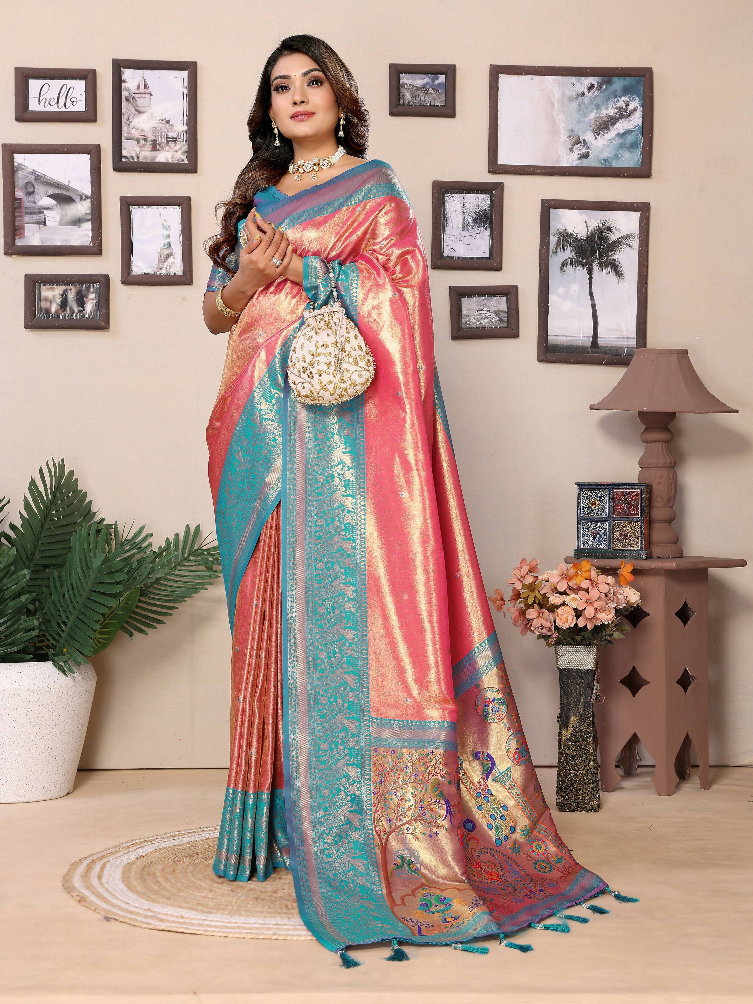 Aastha Fashion Pink Tissue Silk Weaving Saree | Grocsy