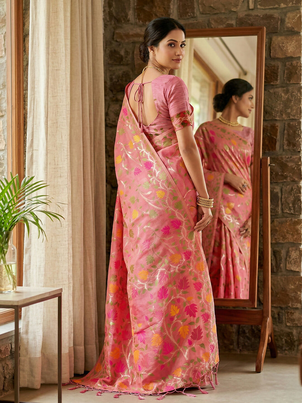 Shree Shyam Fashion Pink Linen Cotton Saree | Grocsy