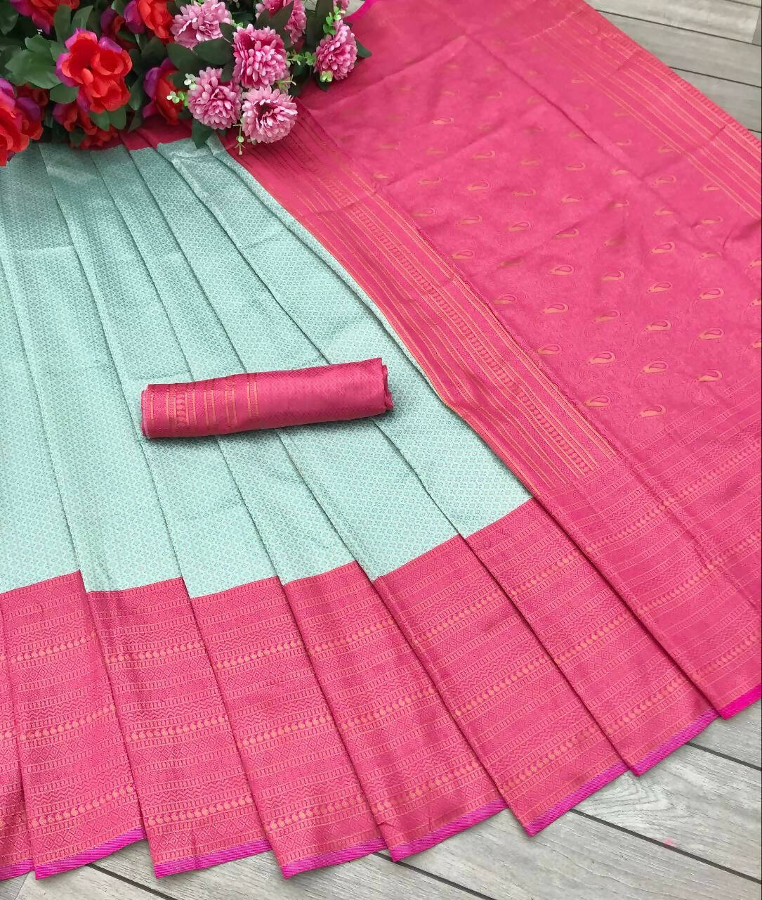 DEIANA'S Beautiful Designer Golden zari Soft Lichi Silk Saree - C Green | Grocsy