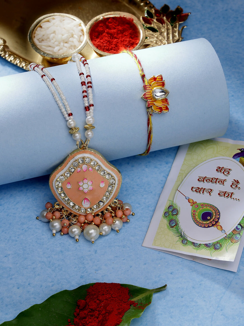 NVR Women & Men Set of 2 Peach Lotus Shape Kundan Stone-Studded & Beaded Bhaiya Bhabhi Rakhi With Roli Chawal | Grocsy